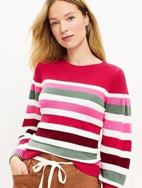 LOFT Striped Crewneck Sweater in Raspberry Pink, White and Olive (size M)